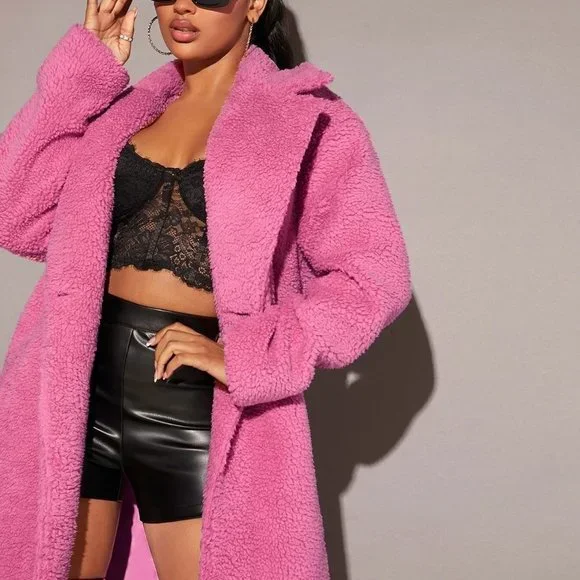 Pink Casual Womens Lapel Neck Double Button Teddy Coat - Picture 4 of 5